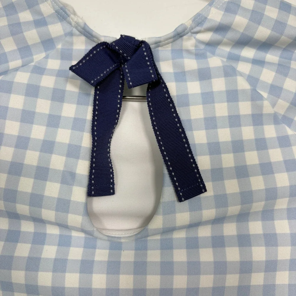 Minnow Kids Swimsuit 11/12 Blue Gingham Long Sleeve Rash Guard Ruffle One Piece
